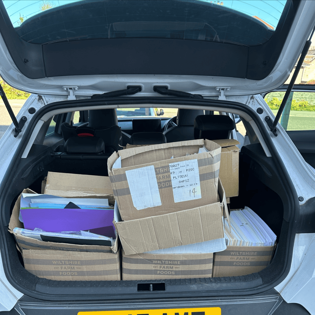 Craft materials loaded in the boot of a car